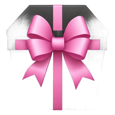 A black coffin-shaped box with a large pink ribbon tied in a bow on the front, against a pink background sticker