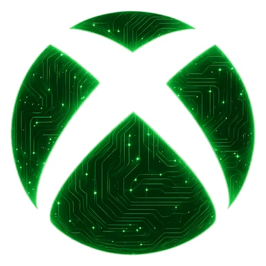 Transform the Xbox logo into a cyberpunk, holographic style with glowing neon green edges and intricate circuit patterns throughout the green part of the icon. Leave the X part transparent, so only the green area has color and effects. Maintain the recognizable Xbox shape, overlaying neon and circuit effects in a futuristic, clean style. The background should be transparent. sticker