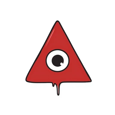 blood-red triangle with a glowing eye inside, symbol of FOE, hand-drawn black doodle style sticker