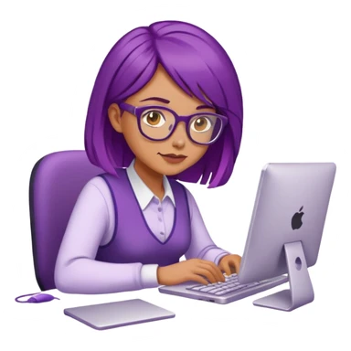 Ojos color miel, cabello lila, lentes, mujer, trabaja en su computador sticker