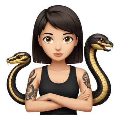 Femme brune yeux marron avec une coupe carré noir qui descend sur l'épaule , femme couleur de peau un peu bronzé mais pas metisse, avec un cobra a côté , débardeur noi , avec un tatouage sur le bras droit sticker