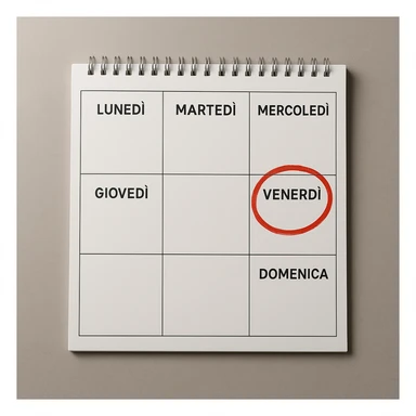 weekly calendar written in Italian, days from Monday to Sunday, Friday circled in red, top view, realistic style, 4K details, modern environment sticker