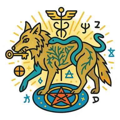 icon-style logo for 'الذيب المترنح' featuring a staggering wolf with uneven steps, key in its mouth symbolizing Gnosticism, serpent coiled around its body, Tree of Life subtly integrated into fur or background representing Kabbalah, faint caduceus staff behind the wolf for Hermetic philosophy, magic circle with pentagram beneath its paws for occult science, palette of gold silver bright blue green red orange with glowing shiny high contrast effects, wolf surrounded by radiant light, subtle Hebrew letters and esoteric symbols, clean lines, balanced, vector-friendly for all sizes and backgrounds sticker