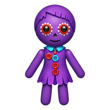 A colorful voodoo doll with bright fabrics in purple, red, and blue, with decorative buttons and pins sticking out sticker