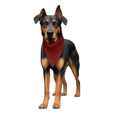 adult 75% Coonhound 25% German Shepherd mix dog with visible tail wearing small pointed red buffalo plaid bandana full body walking left quickly sticker