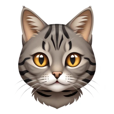 cinematic-cute-grey-and-black-brown-tabby-cat-portrait-emoji,-head-tilted-playfully-and-inquisitively,-sleek-grey-brown-fur-with-bold-black-tabby-stripes-and-a-distinctive-m-shaped-marking-on-the-forehead,-sparkling-amber-eyes,-simplified sticker
