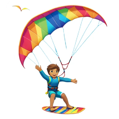 A vibrant kite soaring high in the sky, attached to a kiteboarder riding the waves below. The scene is filled with bright colors, capturing the energy of the sport. The background features the ocean, wind-blown waves, and a clear sky, showcasing the excitement and freedom of kiting. sticker