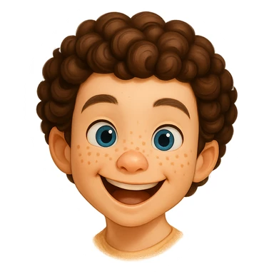 Redraw this character in 3D Disney style, keeping the same happy expression, curly hair, and freckles. Maintain a transparent background. Focus on a vibrant, detailed 3D Disney animation look with warm colors and soft shading. sticker