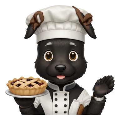 Black Scottie dog wearing chef hat holding a pie sticker
