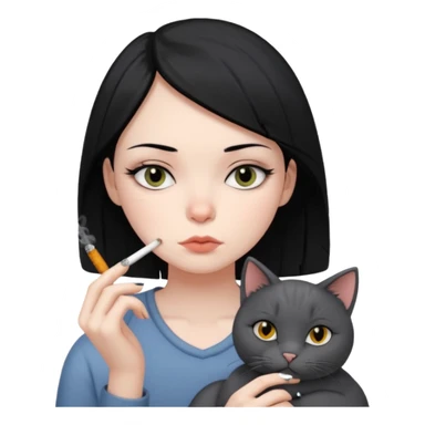Girl with black hair and dark eyes looking sleepy smoking with her cat sticker