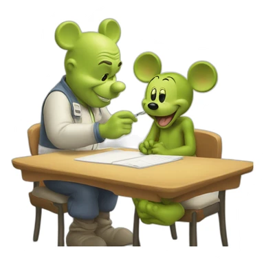 Mickey Mouse giving shrek an exam sticker