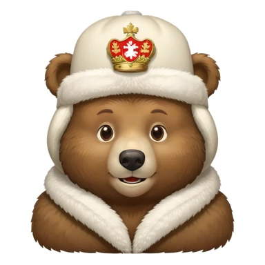 Russian brown bear wearing a white furry ushanka hat with Russian coat of arms emblem in the center, front view, iOS emoji style sticker