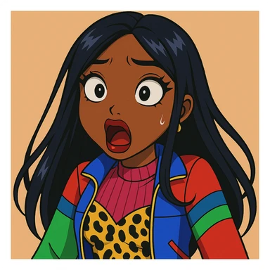 Remove any tears or crying, keep her shocked expression. Depict a 20-year-old anime Bratz style woman with dark skin, dark hair, bold colorful fashion-forward look, big expressive eyes, and glossy lips. sticker