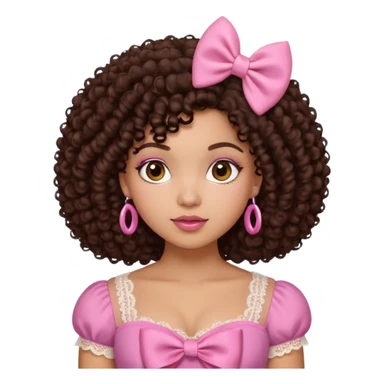 medium-light kinned afro-latina girl with medium length chocolate brown side part curly hair, brown eyes, pink sweetheart necklined top with lace, round wide-ish nose, chubby long shaped face, pink bow sticker
