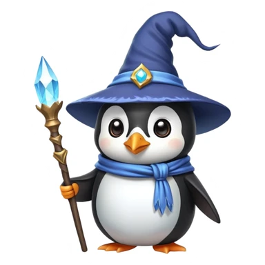cute penguin wizard with a magical staff and a pointy hat sticker