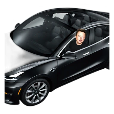 small photo-realistic Elon Musk, at the wheel inside an all black Tesla Model 3, full car side view sticker