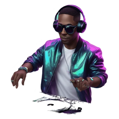 A dj wearing sunglasses playing music holding a cd record record, vinyl, oilslick holographic blacklight inverted graffiti dark dull sticker