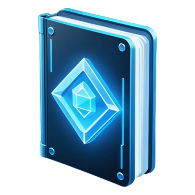 Futuristic holographic data book icon, dark sci-fi interface style, crystal neon blue light, sharp geometry, high tech game UI icon, minimalistic, cyber space theme, volumetric glow, centered, transparent background, no cartoon, no cute, no emoji face, 100x100 px sticker