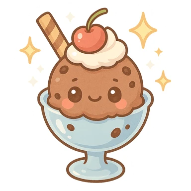 chibi sticker-style ice cream sundae with sparkles, cute and exaggerated sticker