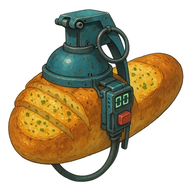 a thermonuclear hand held grenade IED, futuristic cyberpunk. The primed exlosive is garlic bread. small detonator attached to large loaf sticker