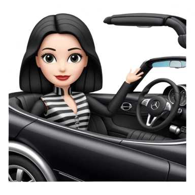 Darth Vader Barbie, 1910 teen Morticia Addams from academy, in dark-gray and black striped outfit. Smiling Driving Mercedes convertible sports car. Pale-white porcelain skin.  sticker