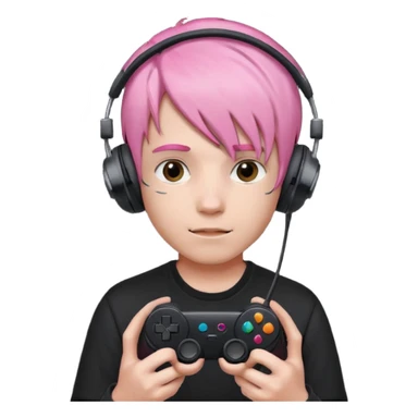 pink haired boy with headphones holding all black game controller sticker