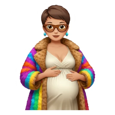 pregnant stylish woman with short pixie brunette hair happily touching her big belly while wearing white dress and fancy brown fur coat and colorful shades sticker
