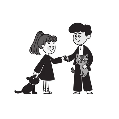 A girl with long brown hair holding the hand of a boy with black hair, both dressed in black, holding a cat and dog sticker