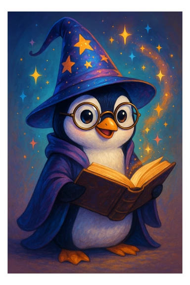 a playful penguin wizard with glasses, a spellbook, and a sparkling hat, in a modern digital art style sticker