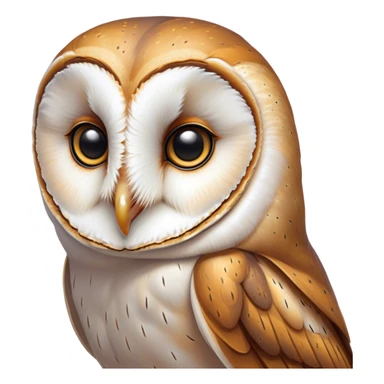 Cinematic Noble Barn Owl Portrait Emoji, Poised and regal, with a slender, graceful build and a striking mottled plumage of whites and browns, deep-set soulful amber eyes, Simplified yet sharp and sophisticated features, highly detailed, glowing with a soft, dignified glow, high shine, intelligent and mysterious, stylized with an air of nocturnal wisdom, focused and attentive, soft glowing outline, capturing the essence of a watchful and confident fowl, so majestic it feels as though it could silently glide out of the screen with effortless authority! sticker