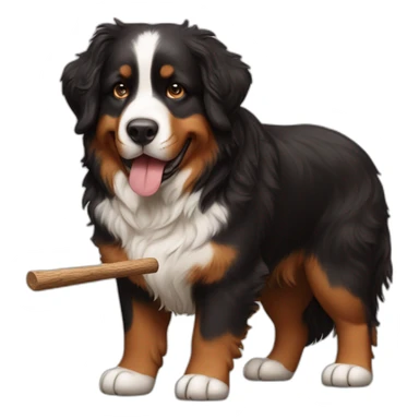 Bernese mountain dog playing with a wood stick and a brown hair womand sticker