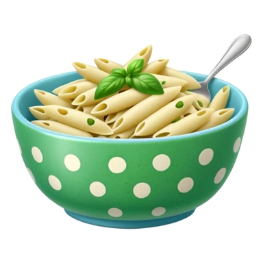green pesto penne pasta in a light blue polka dot bowl sticker