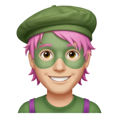 pink haired man with full full face green clay mask and a hat sticker