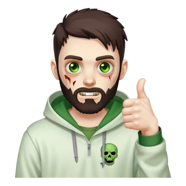 zombie with thumbs up gesture, undercut hairstyle with dark brown hair, short full beard, heterochromia with one green eye and one brown eye, wearing plain white hoodie sticker
