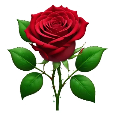 Cinematic Realistic Rose Emoji, Elegant and full of grace, with velvety, deep red petals unfurling in a perfect bloom, dew drops glistening on the soft edges, and a faint fragrance hanging in the air. The lush green leaves surround the stem, creating a vibrant contrast to the rich color of the petals. Soft glowing outline, capturing the essence of timeless beauty and romance in a single bloom. sticker