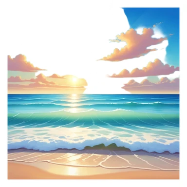 A beautiful  shoreless seascape with waves in warm tones under a bright sun, with the azure sea occupying the foreground. The sunlight reflects off the water, creating a vibrant, peaceful atmosphere. The background features a stunning sky with soft clouds and a distant horizon. sticker