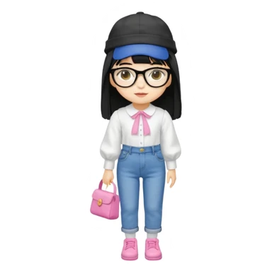 A yellow-skinned girl with long straight black hair, flat bangs, black frame glasses, a white puffy sleeve doll shirt, blue jeans and pink shoes, and a black painter's hat，no yellow spikes. sticker