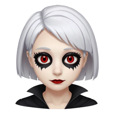 Afemale, unnatural eye color with veiny eyes, sickly skin texture combined with an unnatural creepy smile, liminal setting that feels wrong, uncanny eerie art style, scary femme fatale, bob cut, mole under eye, white hair, red iris, black mascara, black eyeshadow, Gothic white skin, sticker