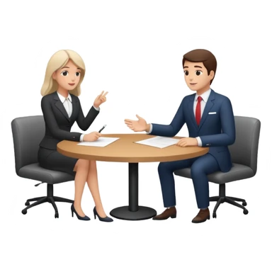 Two people sitting at a table with a large contract or paper between them and speech bubbles above, symbolizing negotiation and agreement signing. sticker