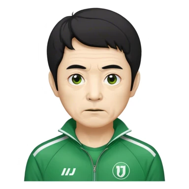 Seong Gi-hun : age 70, skinny and bony face, very small mouth, thick eyebrows deep eyes, unkempt black hair , Green player tracksuit. sticker