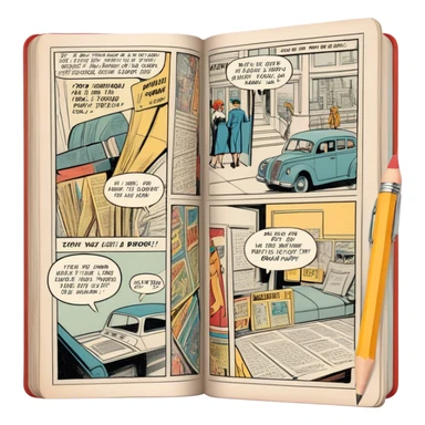 Create a detailed emoji representing the process of writing texts for comic books. The design should feature a large, open comic book with vintage comic strips visible on its pages. A pencil should be shown writing text on one of the comic panels, but without a hand. The pencil should appear as though it is actively creating the dialogue or narration. Use a classic color palette with muted tones for the comic book and brighter accents on the pencil to draw attention to the writing process. Do not include any emojis or smiley faces. Make the background transparent. sticker