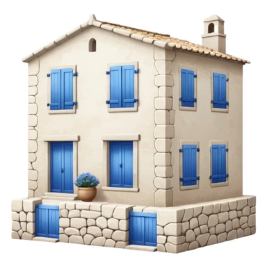 whitewashed stone house with blue shutters, Mediterranean style sticker