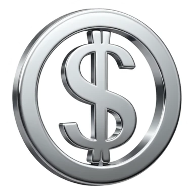 A double dollar sign emoji made of polished silver chrome, smooth metallic surface, glossy reflections, luxury swag vibe, minimal iOS emoji style, centered on white background sticker