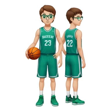 full body  white male basketball player  with brown hair wearing glasses in blue an green uniform sticker