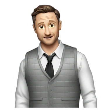 tim robinson dark black slicked back hair white long sleeve waffle shirt with a light grey vest pouring water on a steak no tie sticker