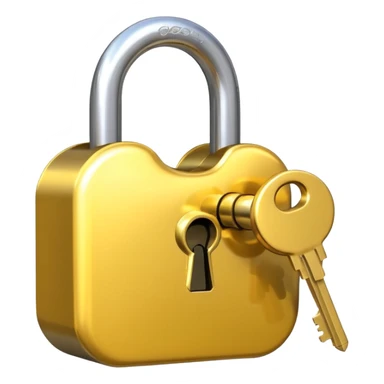 A shiny golden closed padlock with a silver key inserted into the keyhole, centered on a plain background. The lock is smooth and rounded, emoji-like style with clean lines sticker