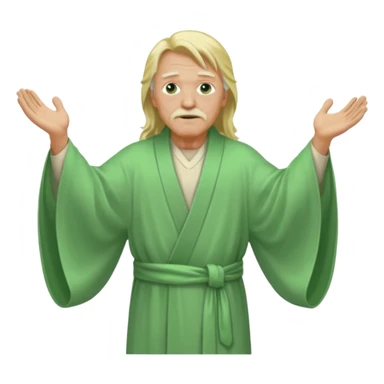 an old man, green eyes, long blonde hair, light green wide, flowing outer robe. opening arms, gazing thoughtfully. Soft light, subtle fern. Waist-up, profile. sticker