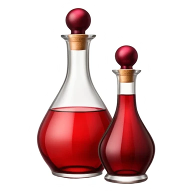 Red wine vinegar and oil bottles, elegant glass, dark brown to ruby, round or square base, slender neck, cork or metallic cap, dark glass, reflections, 3D clean style, transparent background, optimized for emoji size sticker