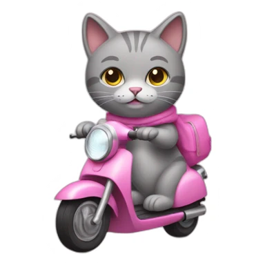 A gray stuffed cat. This cat is wearing a sleeveless sweater with a pink hood. He rides a scooter. sticker