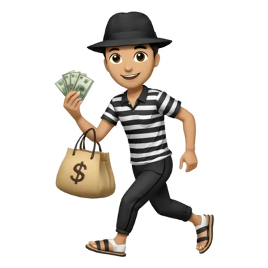 Make a man wear a black pant and he shirt is balck line and white line and wear a black hat and he holding a money bag and he running he wear a black eye thing no money in the Left hand and he yellow and the money bag in the right he wear a flip flop like this is Money bag 💰 NO MONEY sticker